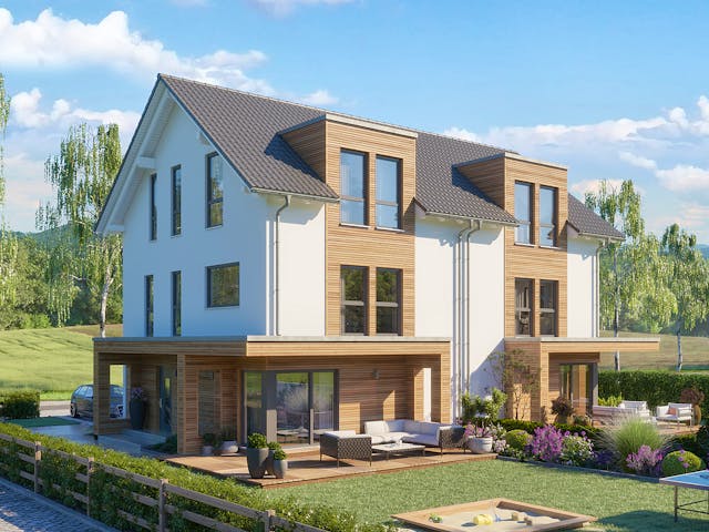 Fertighaus SmartSpace Doppelhäuser von SCHWABENHAUS Schlüsselfertig ab 304855€, Satteldach-Klassiker Außenansicht 4