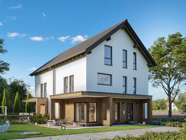 Fertighaus SmartSpace Doppelhäuser von SCHWABENHAUS Schlüsselfertig ab 304855€, Satteldach-Klassiker Außenansicht 11