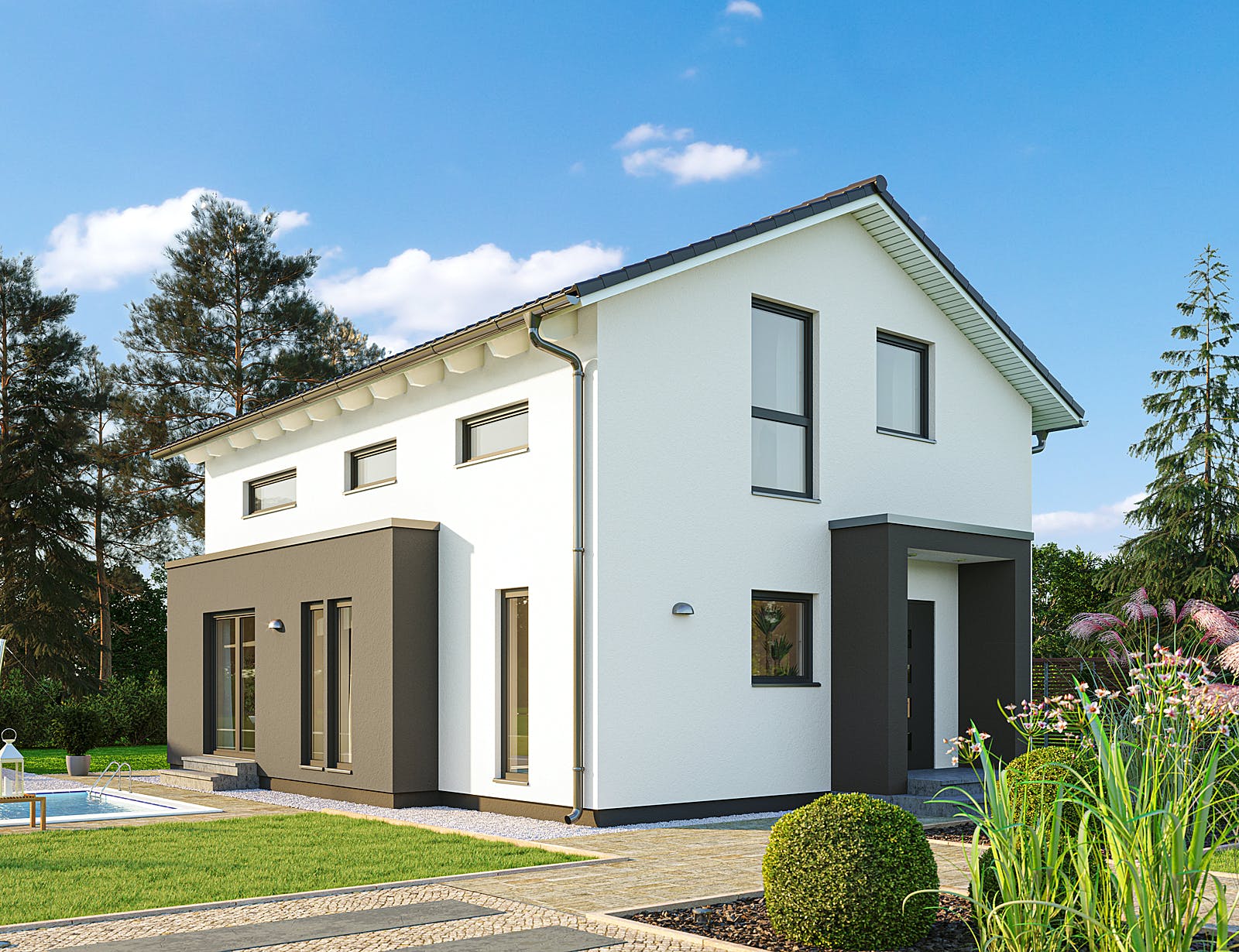 Fertighaus SmartSpace-E-120 E3 von SCHWABENHAUS Schlüsselfertig ab 324199€, Satteldach-Klassiker Außenansicht 1