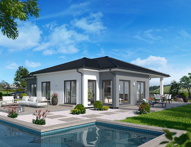 Moderner Fertighaus-Bungalow mit Walmdach