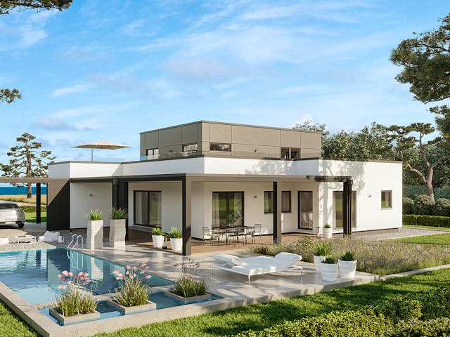 Fertighaus Solitaire-B-150 E5 von SCHWABENHAUS Schlüsselfertig ab 542455€, Bungalow Außenansicht 1 Fertighaus Solitaire-B-150 E5 von SCHWABENHAUS Schlüsselfertig ab 542455€, Bungalow Außenansicht 1