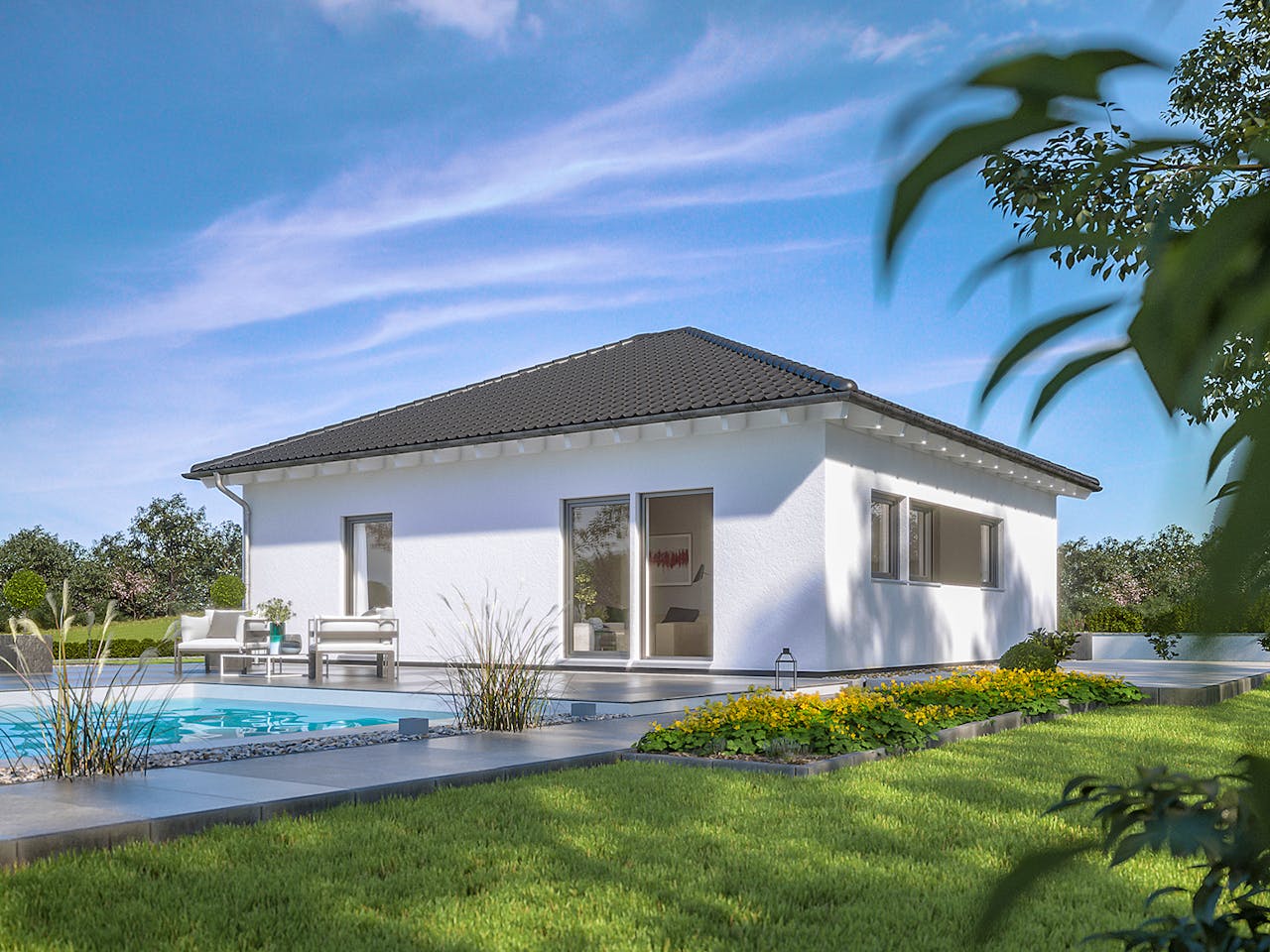 Fertighaus E 10-087.5 - Klassischer Bungalow von SchwörerHaus Schlüsselfertig ab 332313€, Bungalow Außenansicht 1