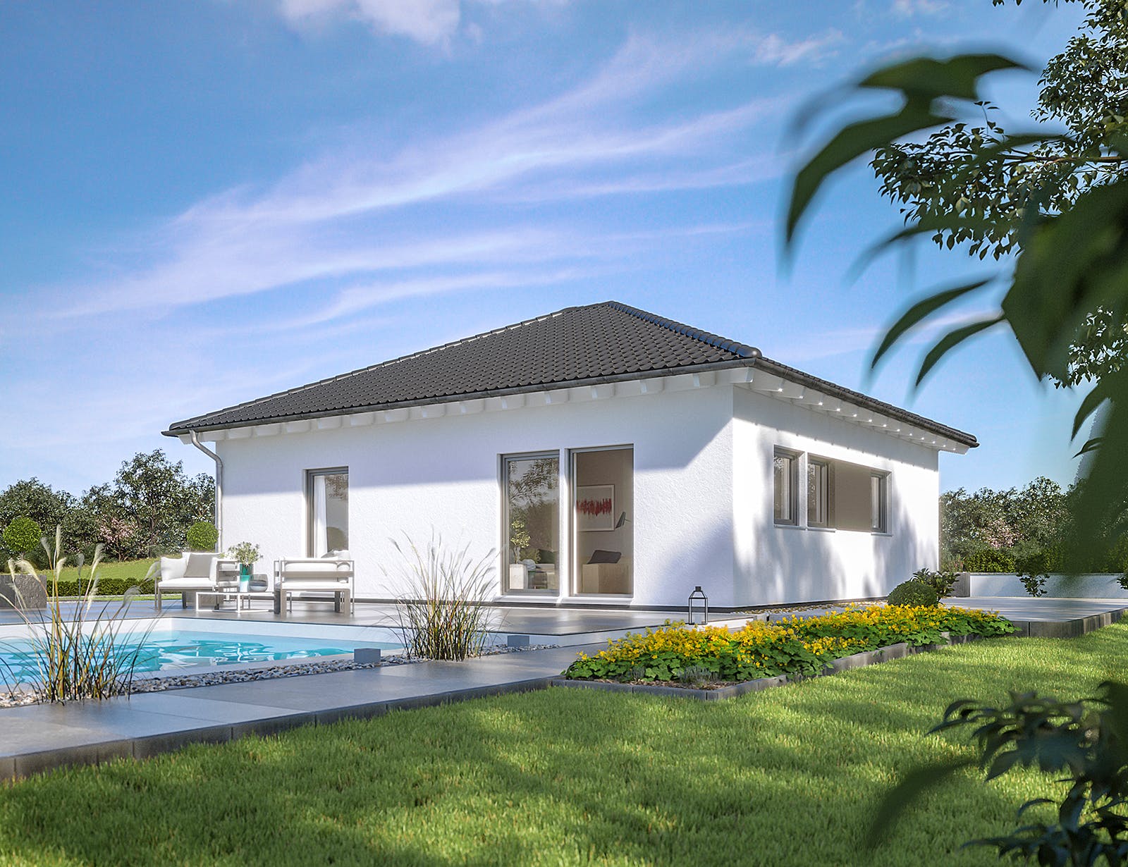 Fertighaus E 10-087.5 - Klassischer Bungalow von SchwörerHaus Schlüsselfertig ab 299400€, Bungalow Außenansicht 1