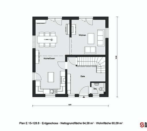 Fertighaus E 15-128.8 - Modernes Landhaus von SchwörerHaus Schlüsselfertig ab 307346€, Satteldach-Klassiker Grundriss 1