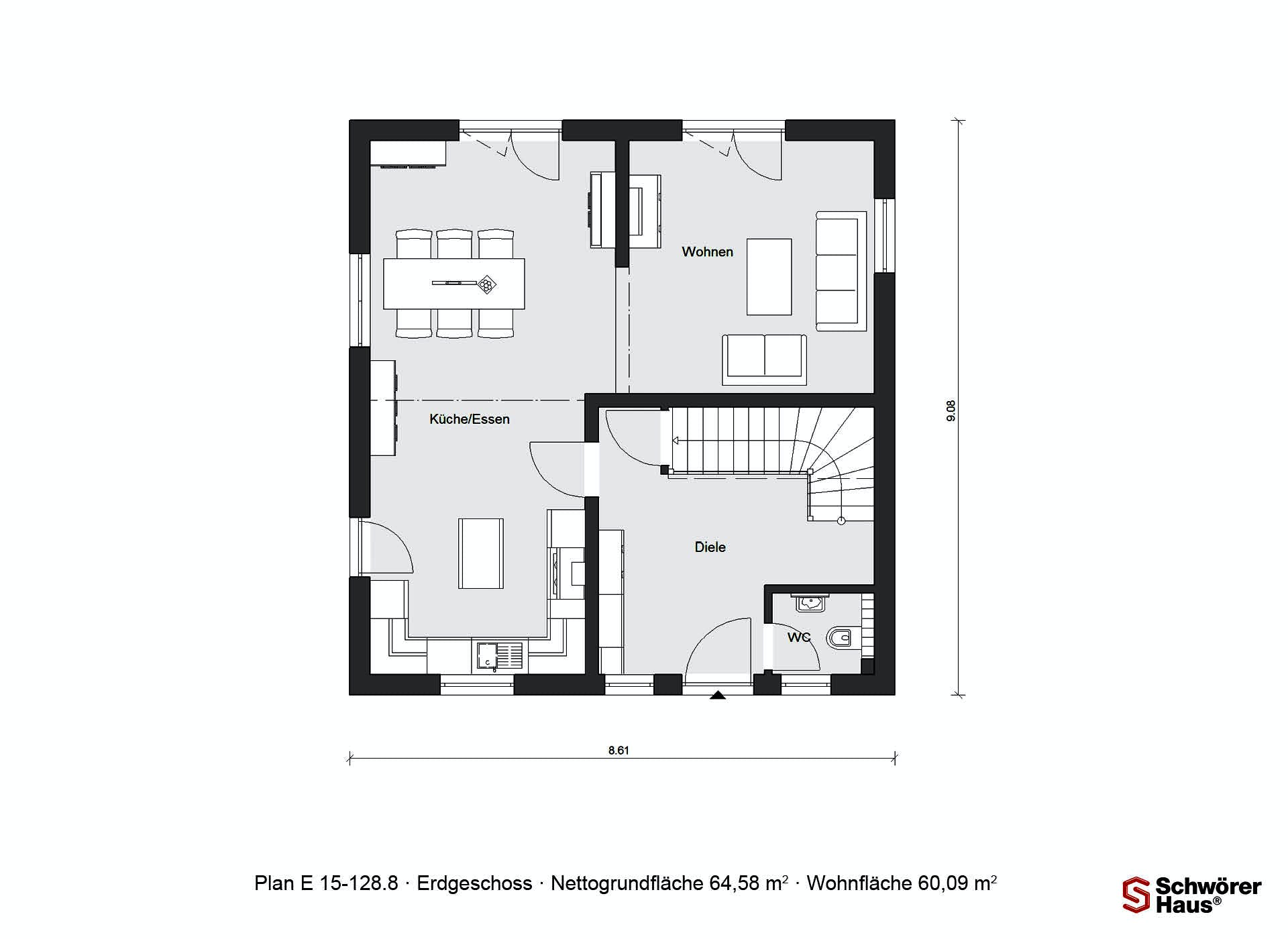 Fertighaus E 15-128.8 - Modernes Landhaus von SchwörerHaus Schlüsselfertig ab 315700€, Satteldach-Klassiker Grundriss 1