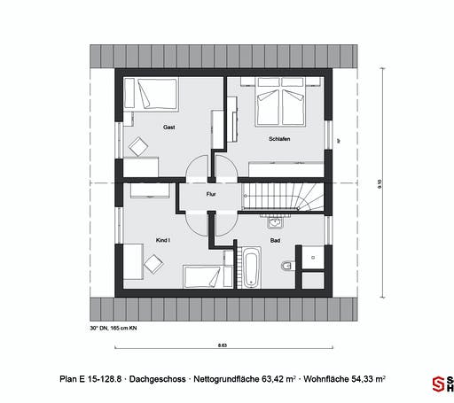 Fertighaus E 15-128.8 - Modernes Landhaus von SchwörerHaus Schlüsselfertig ab 307346€, Satteldach-Klassiker Grundriss 2