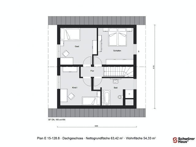 Fertighaus E 15-128.8 - Modernes Landhaus von SchwörerHaus Schlüsselfertig ab 315700€, Satteldach-Klassiker Grundriss 2