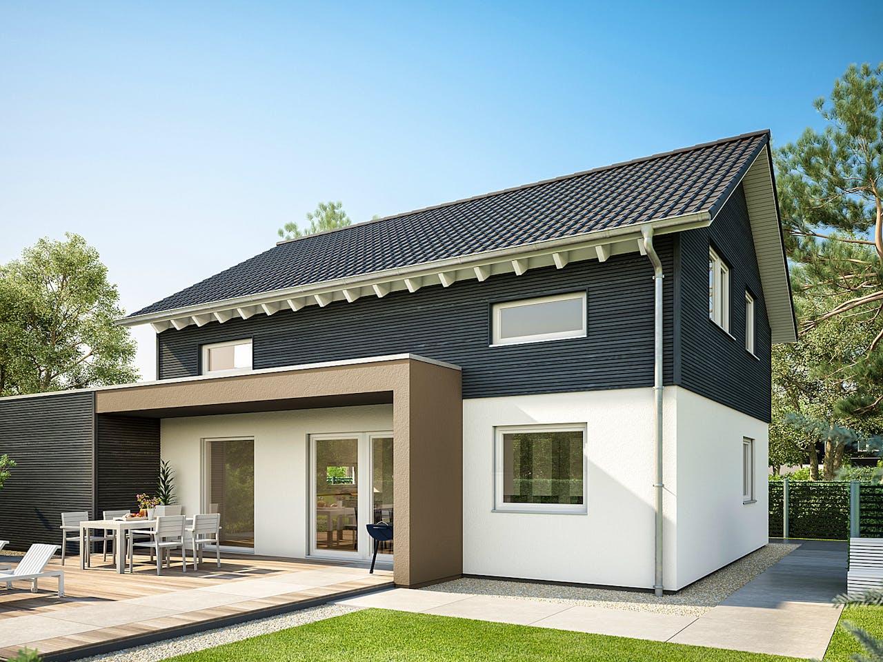 Fertighaus E 15-143.29 - Haus mit Vordach von SchwörerHaus Schlüsselfertig ab 384353€, Satteldach-Klassiker Außenansicht 1