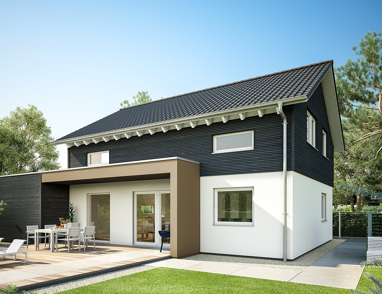 Fertighaus E 15-143.29 - Haus mit Vordach von SchwörerHaus Schlüsselfertig ab 343000€, Satteldach-Klassiker Außenansicht 1