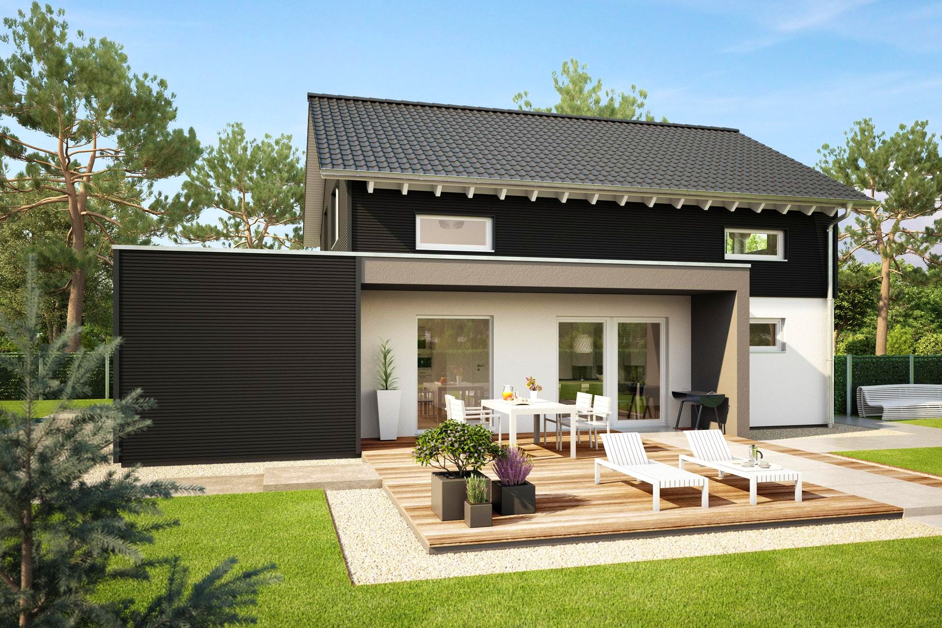 Fertighaus E 15-143.29 - Haus mit Vordach von SchwörerHaus Schlüsselfertig ab 343000€, Satteldach-Klassiker Außenansicht 2