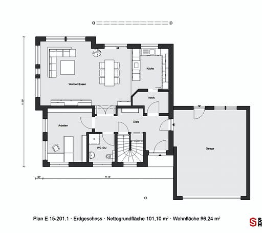 Fertighaus E 15-201.1 - Plusenergiehaus von SchwörerHaus Schlüsselfertig ab 578540€, Satteldach-Klassiker Grundriss 1