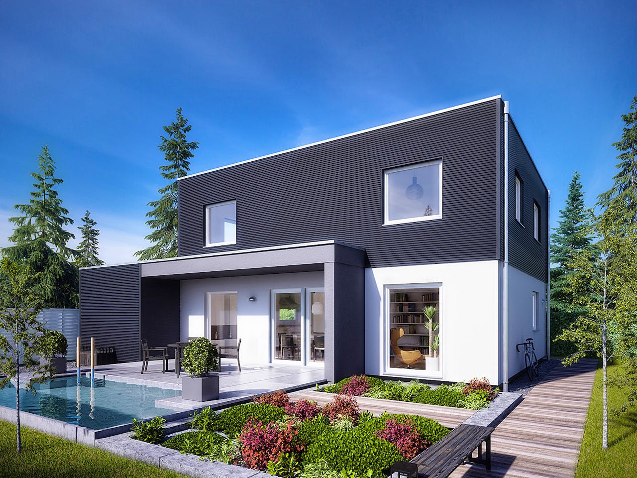 Fertighaus E 20-144.6 - Moderner Bauhausstil von SchwörerHaus Schlüsselfertig ab 375658€, Cubushaus Außenansicht 1