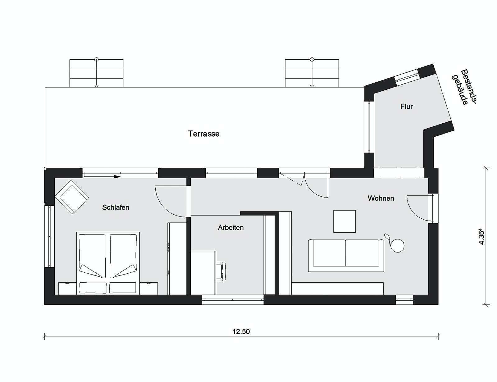 Fertighaus F 10-043.13 - Wohnmodul FlyingSpace als Anbau von SchwörerHaus Schlüsselfertig ab 181200€, Bungalow Grundriss 1