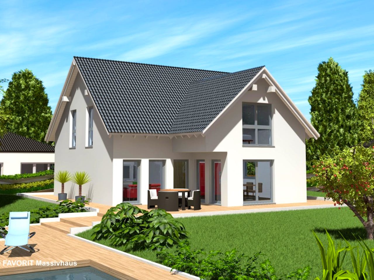 Massivhaus Select 168 von FAVORIT Massivhaus Schlüsselfertig ab 359840€, Satteldach-Klassiker Außenansicht 1