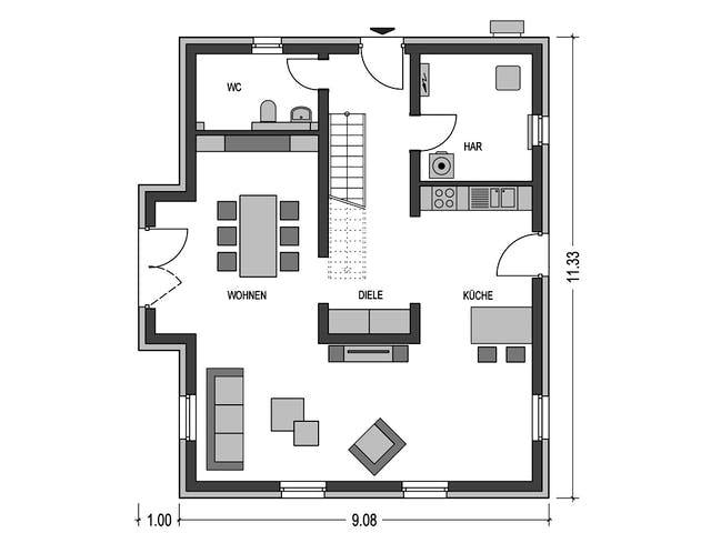 Massivhaus Alto 631 von Hausbau Düren Schlüsselfertig ab 263070€, Satteldach-Klassiker Grundriss 1