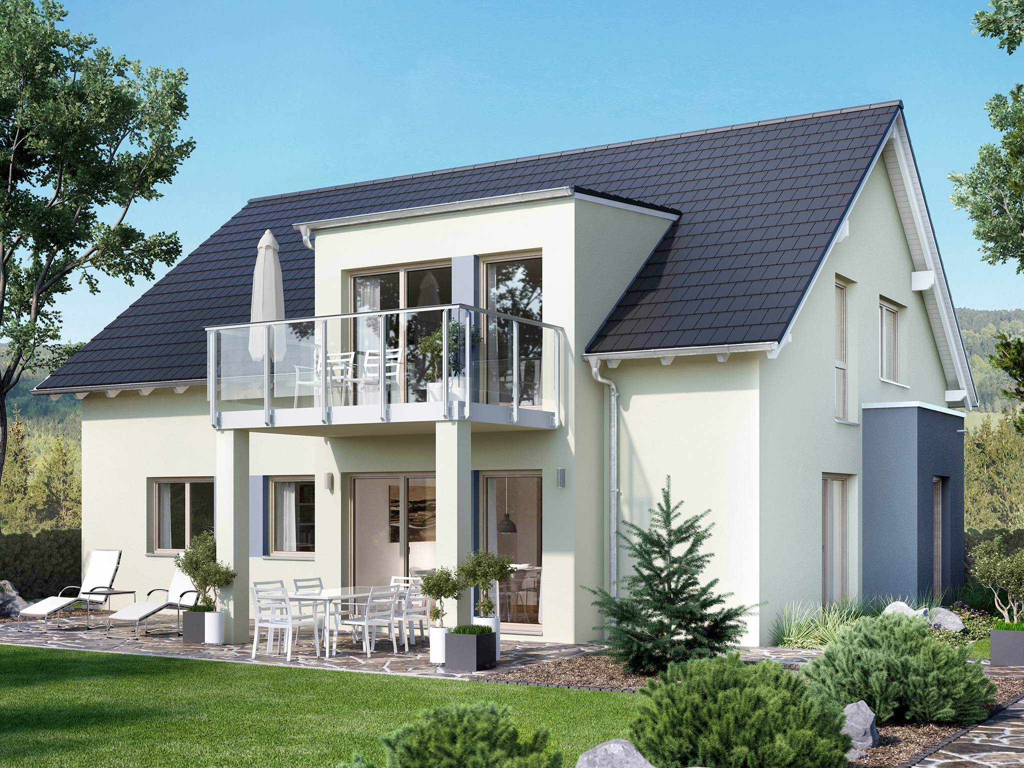 Fertighaus SOLUTION 204 V5 L (out) von Living Fertighaus AT Ausbauhaus ab 136928€, Satteldach-Klassiker Außenansicht 1
