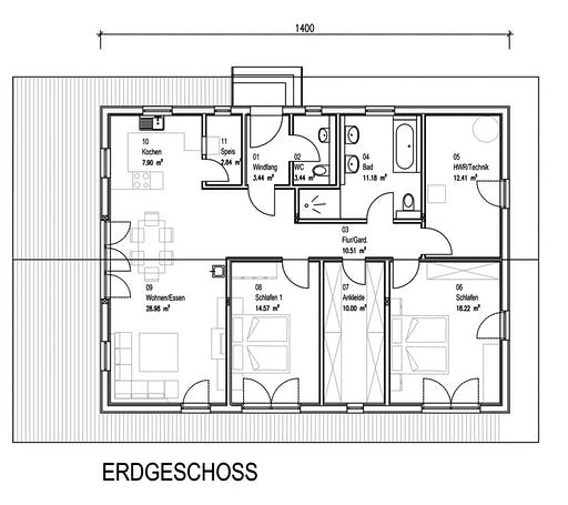 Fertighaus Kundenhaus Bauer von Sonnleitner Holzbau, Bungalow Grundriss 1