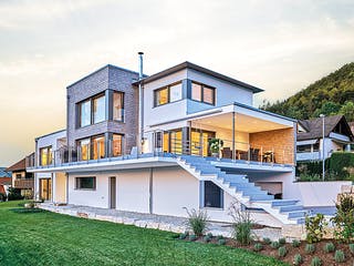 Fertighaus Kundenhaus Kornfeld von Sonnleitner Holzbau, Cubushaus Außenansicht 1