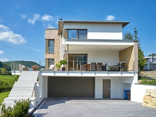 Fertighaus Kundenhaus Kornfeld von Sonnleitner Holzbau, Cubushaus Außenansicht 2