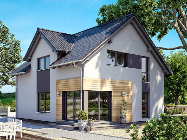Fertighaus Sorrento von Büdenbender Hausbau, Satteldach-Klassiker Außenansicht 1 Fertighaus Sorrento von Büdenbender Hausbau, Satteldach-Klassiker Außenansicht 1