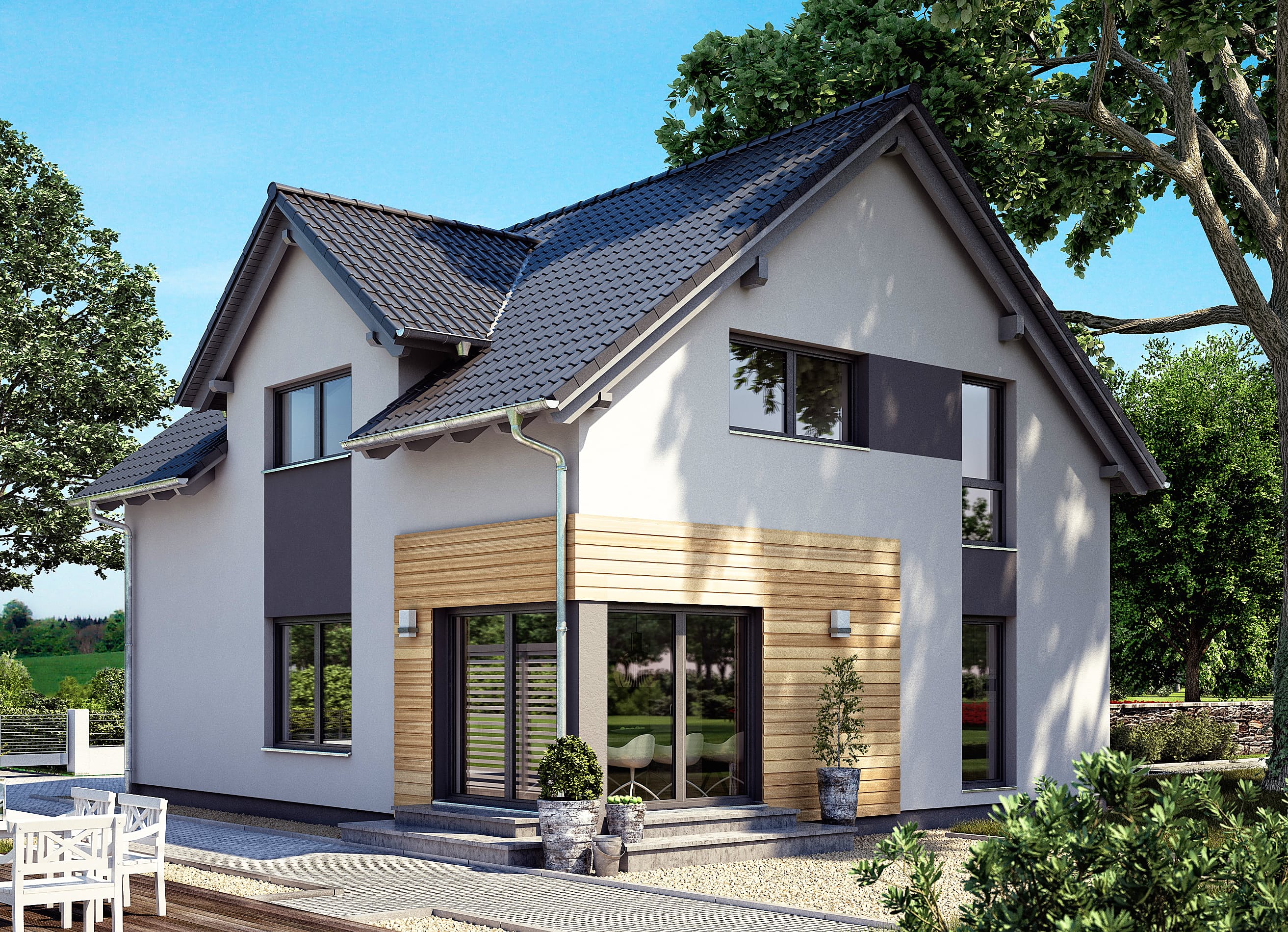 Fertighaus Sorrento von Büdenbender Hausbau Schlüsselfertig ab 380030€, Satteldach-Klassiker Außenansicht 1