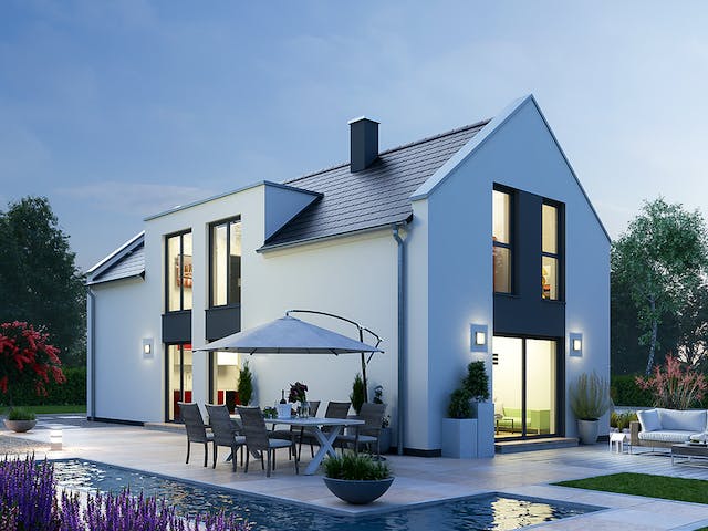 Massivhaus Einfamilienhaus EFH 122 von SR System Schlüsselfertig ab 259500€, Satteldach-Klassiker Außenansicht 1