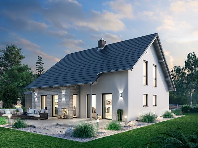 Massivhaus Einfamilienhaus EFH 144 von SR System Schlüsselfertig ab 289500€, Satteldach-Klassiker Außenansicht 1