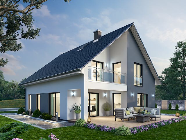 Massivhaus Einfamilienhaus EFH 147 von SR System Schlüsselfertig ab 309500€, Satteldach-Klassiker Außenansicht 1