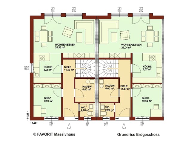 Massivhaus Stella E118/M122 von Favorit Massivhaus - Mehrfamilienhäuser, Satteldach-Klassiker Grundriss 1