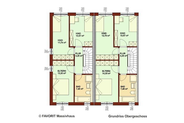 Moderner Grundriss Reihenend- & Reihenmittelhaus (Erdgeschoss) von Favorit Massivhaus: Bodentiefe Fenster sorgen für viel Licht, Dachterrassen auf abwechselnden Seiten für Rückzugsraum.