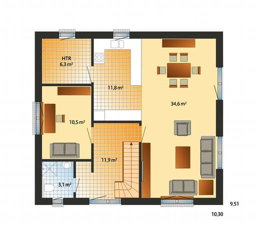Fertighaus Stockholm unter Reet von Danhaus, Satteldach-Klassiker Grundriss 1