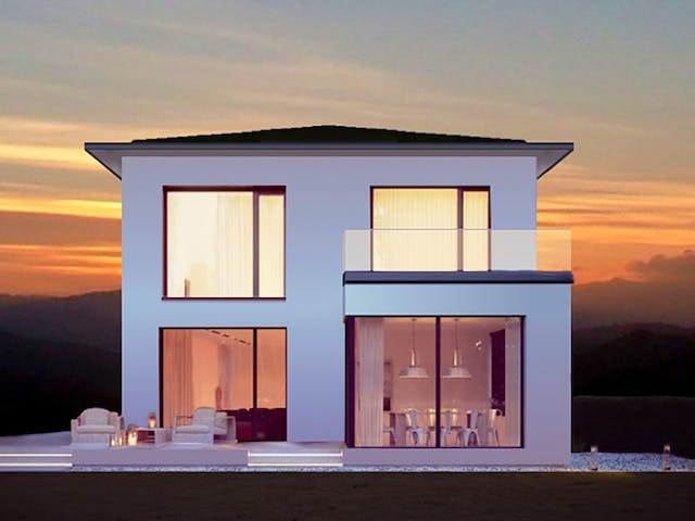 Fertighaus Sunset 168 von Die HausManufaktur Schlüsselfertig ab 273300€, Stadtvilla Außenansicht 1