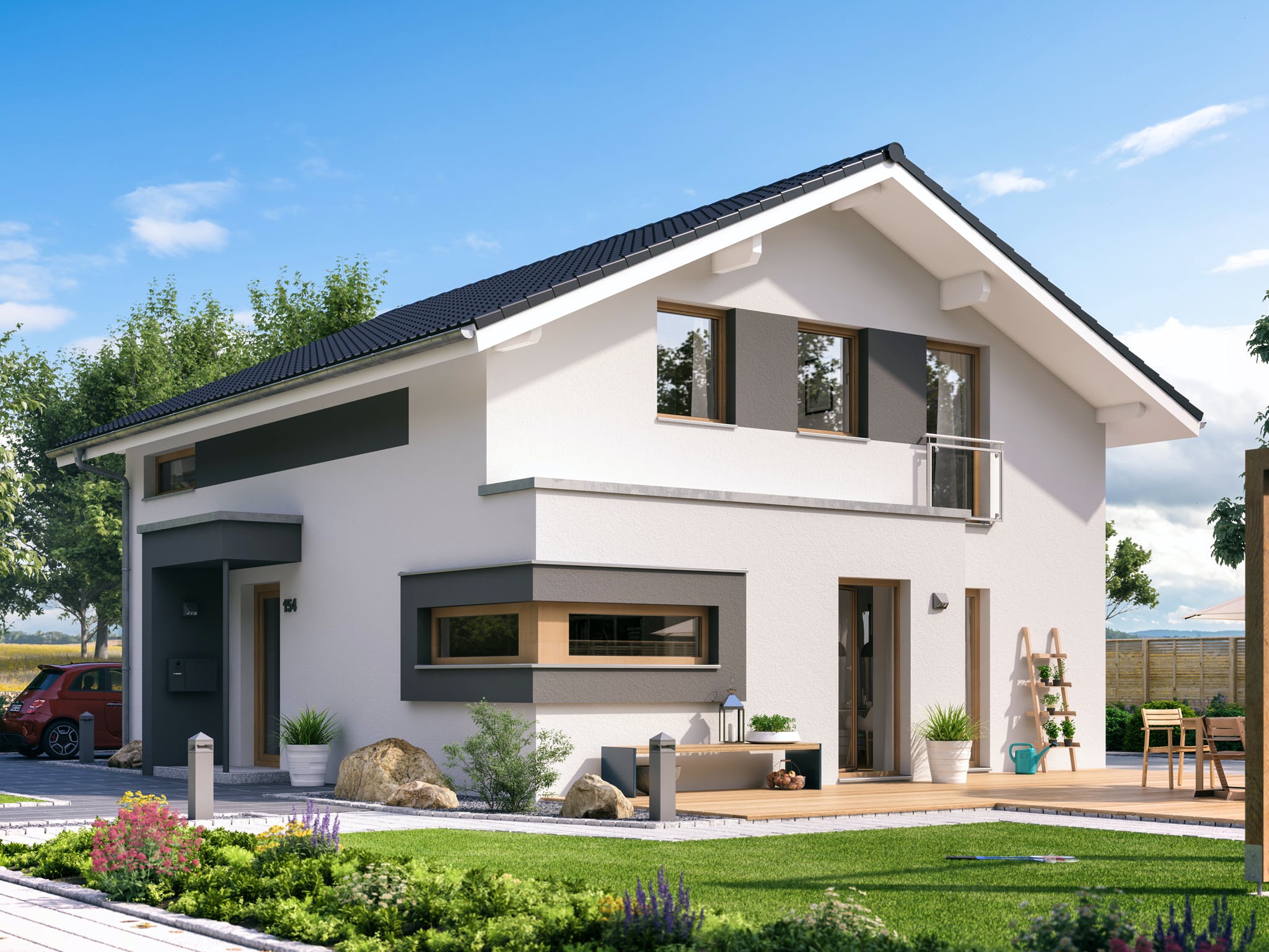 Fertighaus SUNSHINE 154 V5 von Living Fertighaus Ausbauhaus ab 340802€, Satteldach-Klassiker Außenansicht 1