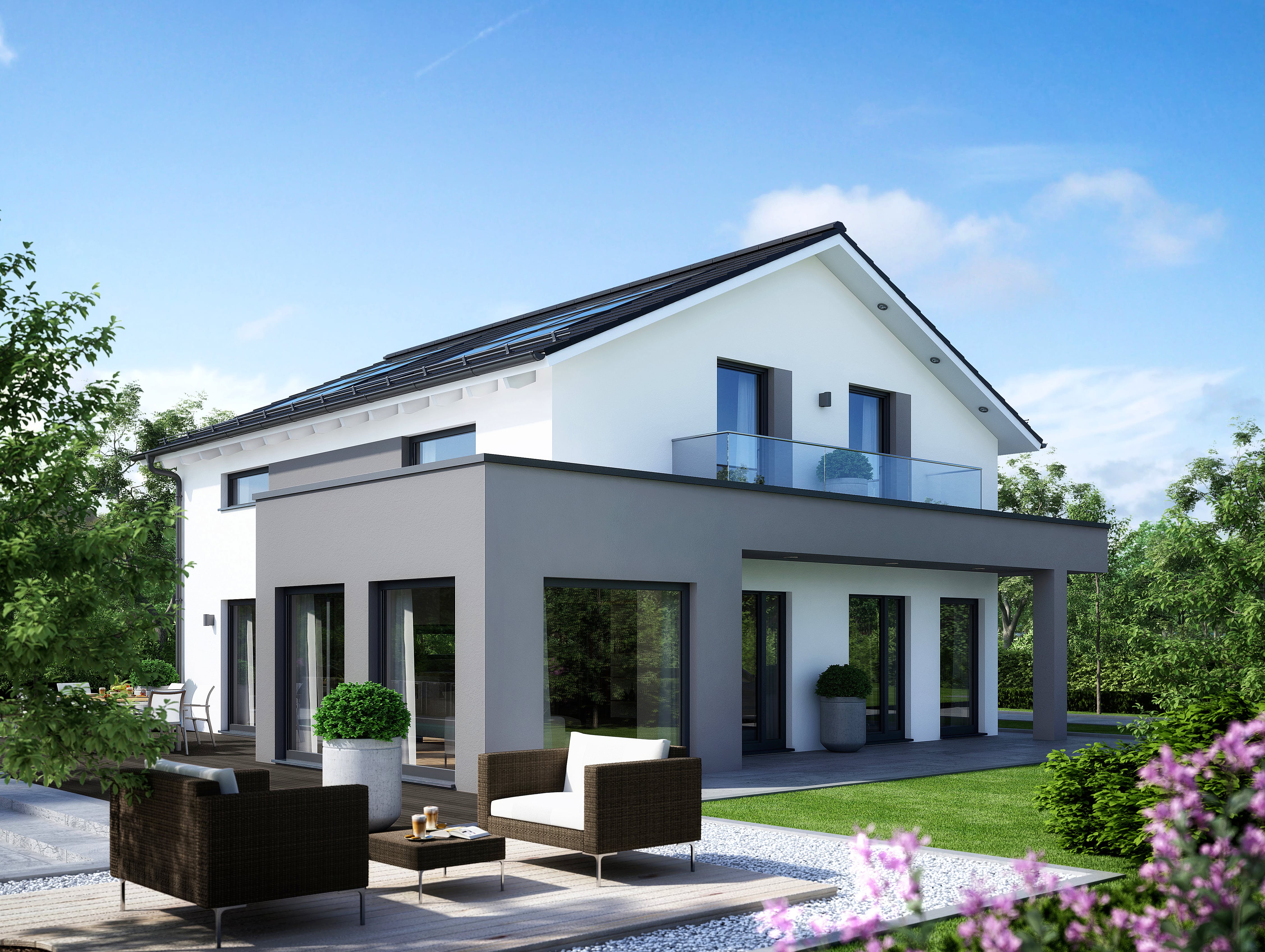 Fertighaus SUNSHINE 165 V4 (out) von Living Fertighaus AT Ausbauhaus ab 114664€, Satteldach-Klassiker Außenansicht 1