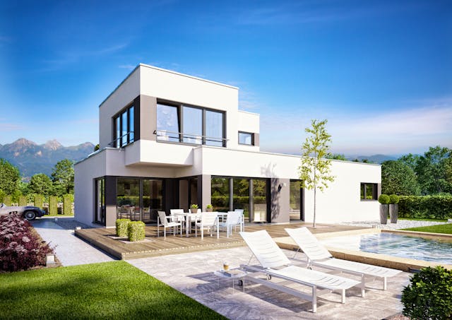 Fertighaus-Villa mit Pool im angesagten Kubusstil von Büdenbender Hausbau