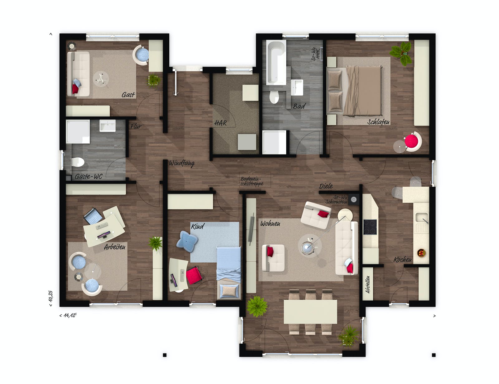 Massivhaus Bungalow 128 von Town & Country Haus Deutschland Schlüsselfertig ab 256650€, Bungalow Grundriss 1