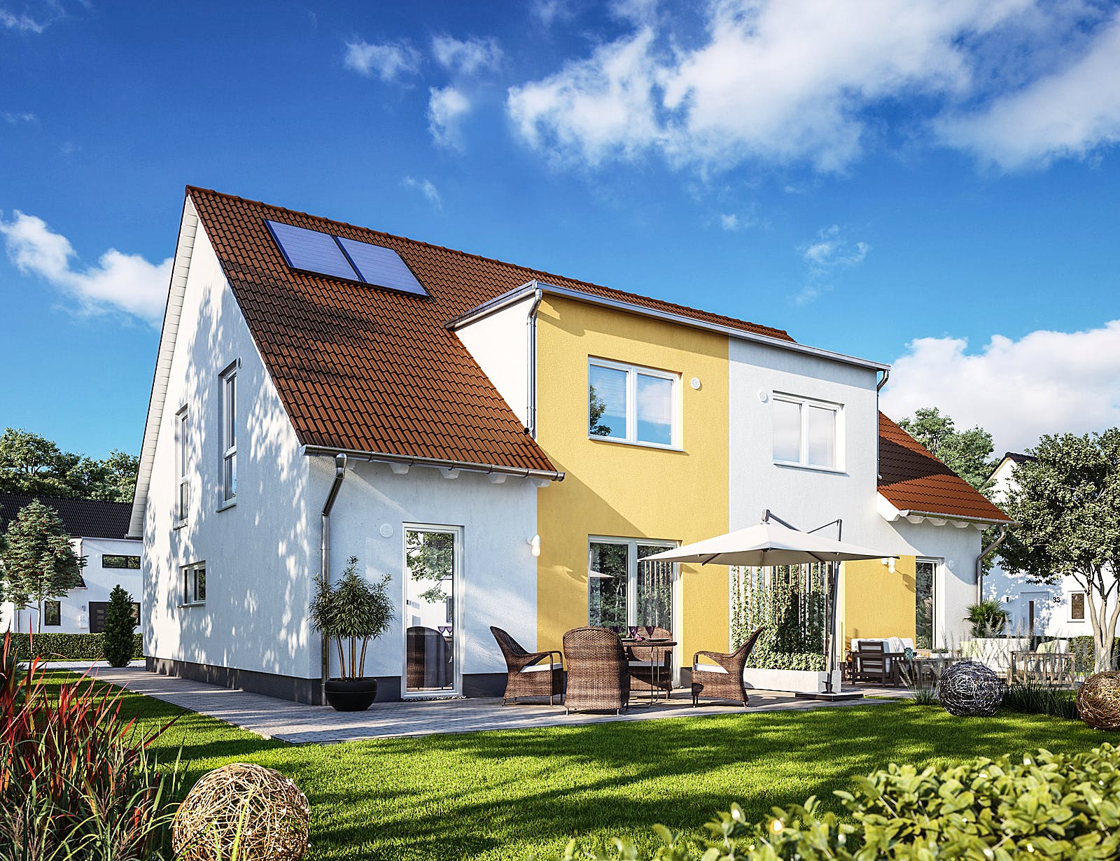 Massivhaus DH Duett 125 von Town & Country Haus Deutschland Schlüsselfertig ab 229050€, Satteldach-Klassiker Außenansicht 1