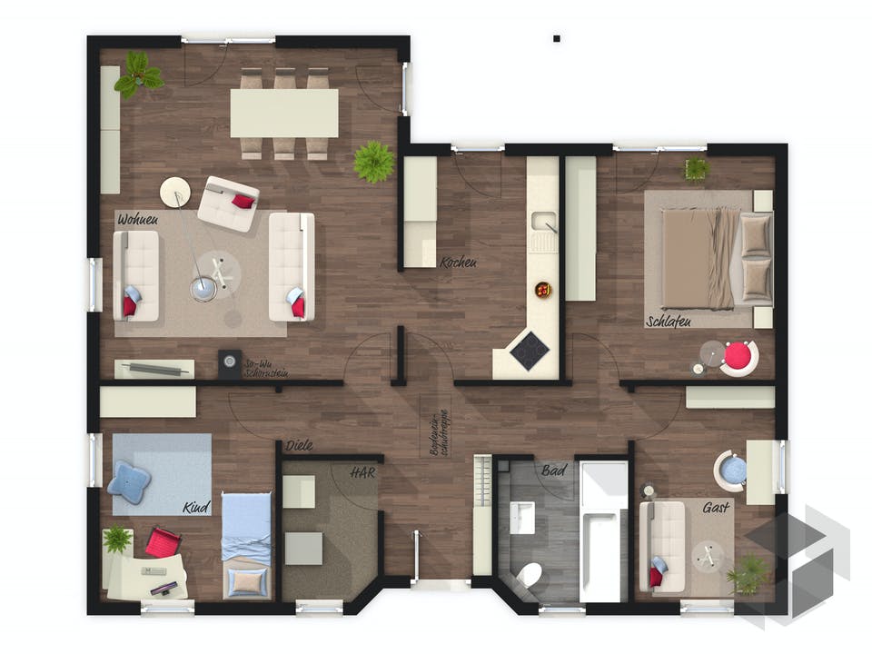 Winkelbungalow 108 von Town & Country Haus Deutschland Grundriss