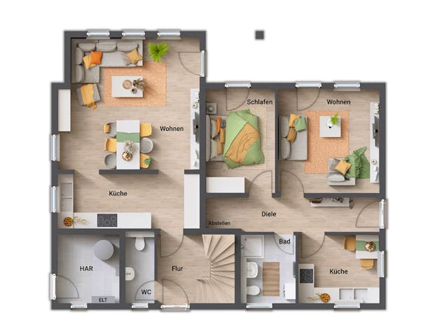 Grundriss eines Hauses mit Einliegerwohnung von Town & Country Haus: Im Erdgeschoss befinden sich sowohl der großzügige Wohn-Ess-Koch-Bereich, ein separates WC, Eingangsbereich und Treppe der Hauptwohnung als auch eine komfortable Einliegerwohnung mit eigenem Zugang.