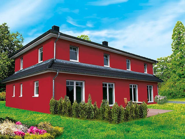 Massivhaus Doppelhaus 140-1 von Team Massivhaus Schlüsselfertig ab 169900€, Satteldach-Klassiker Außenansicht 4