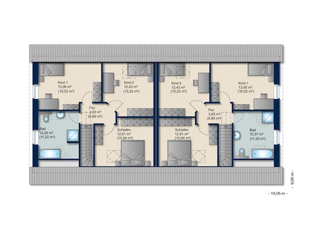 Massivhaus Doppelhaus 140-1 von Team Massivhaus Schlüsselfertig ab 202400€, Satteldach-Klassiker Grundriss 2