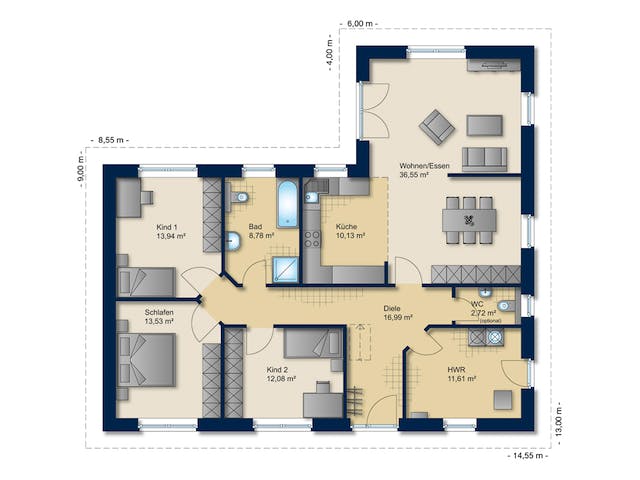 Massivhaus Winkelbungalow 125 von Team Massivhaus Schlüsselfertig ab 225900€, Bungalow Grundriss 1