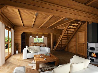 Blockhaus Norwegen mit Carport von Thule Blockhaus Bausatzhaus ab 114730€, Blockhaus Innenansicht 1