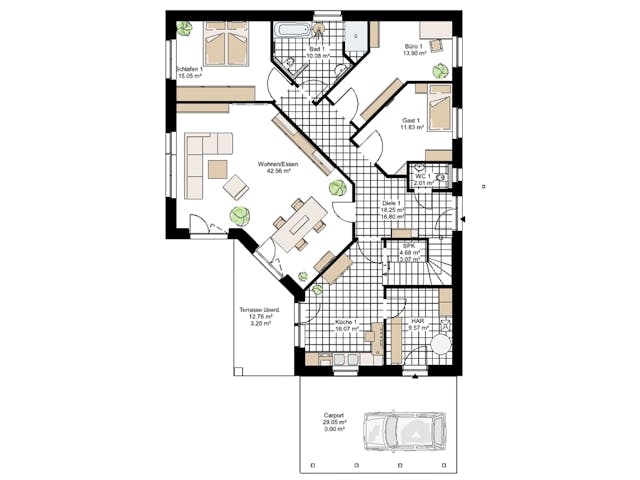 Massivhaus Parterre 145 von BauService Timm, Bungalow Grundriss 1