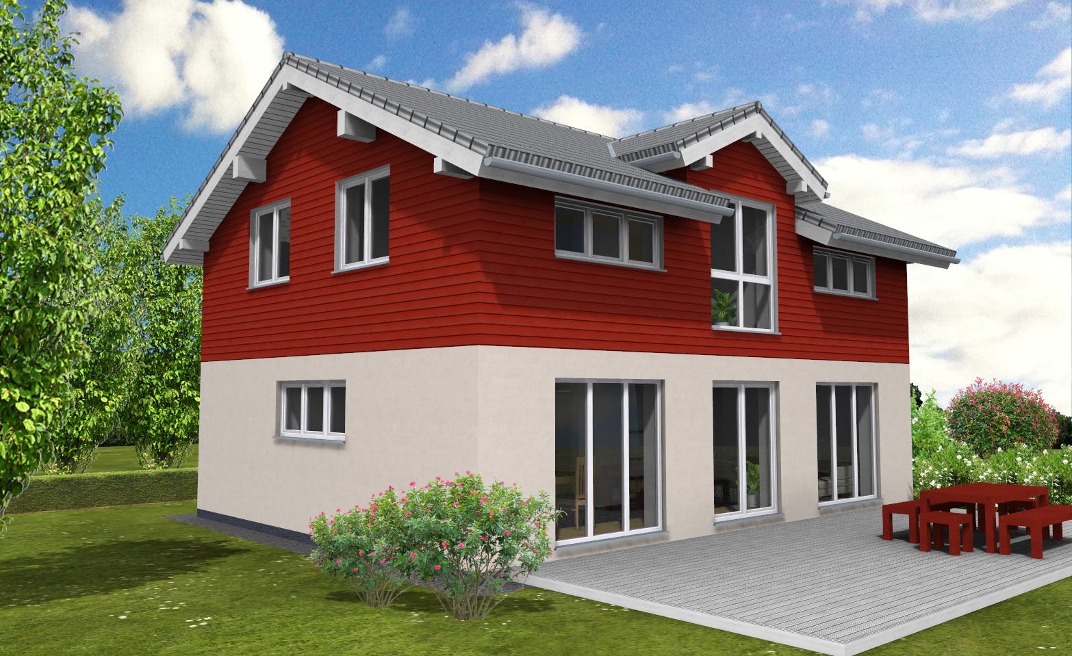 Fertighaus Trendline 142 von Suckfüll Energiesparhaus Schlüsselfertig ab 351860€, Satteldach-Klassiker Außenansicht 1