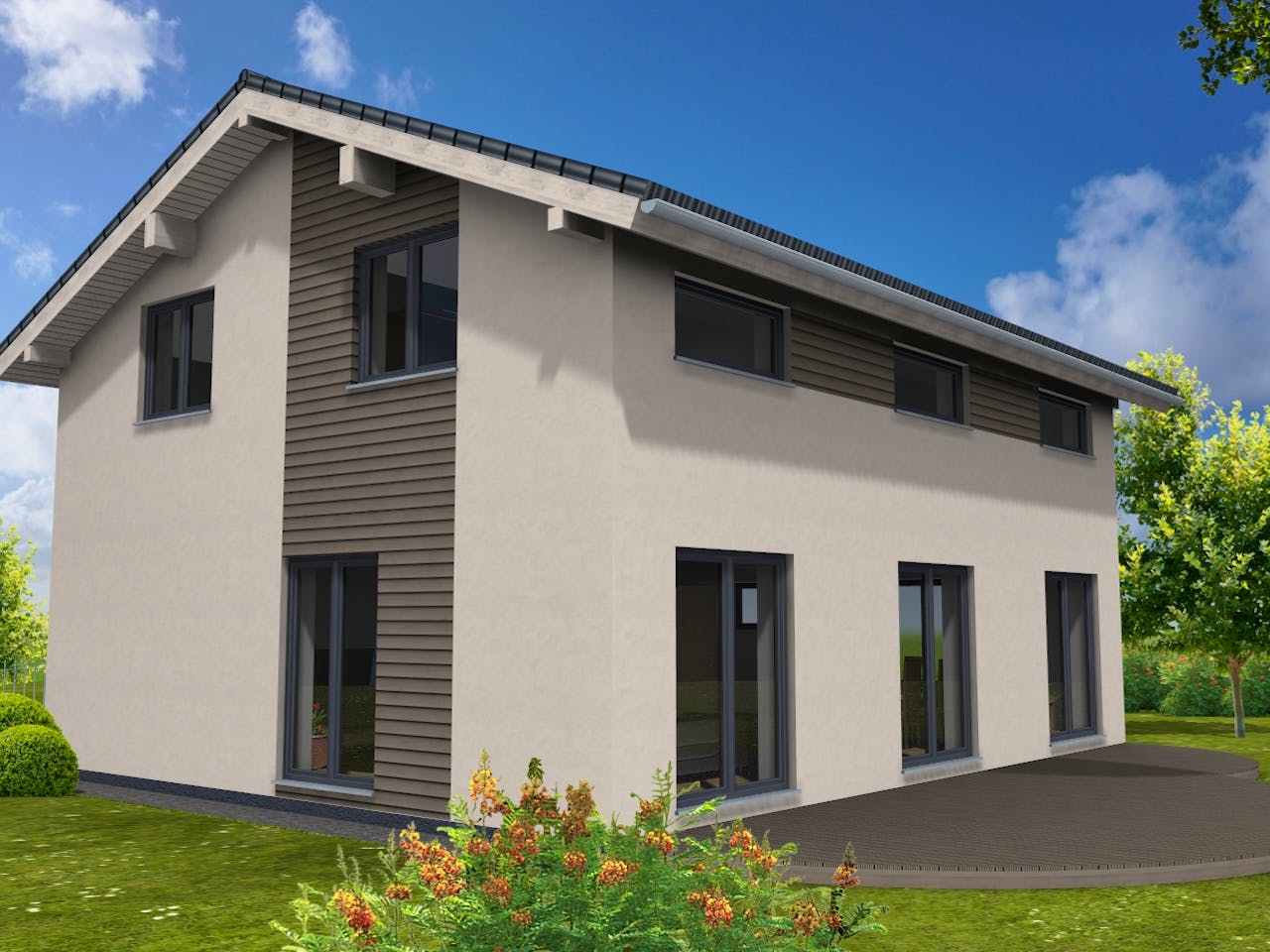 Fertighaus Trendline 155 von Suckfüll Energiesparhaus Schlüsselfertig ab 422606€, Satteldach-Klassiker Außenansicht 1