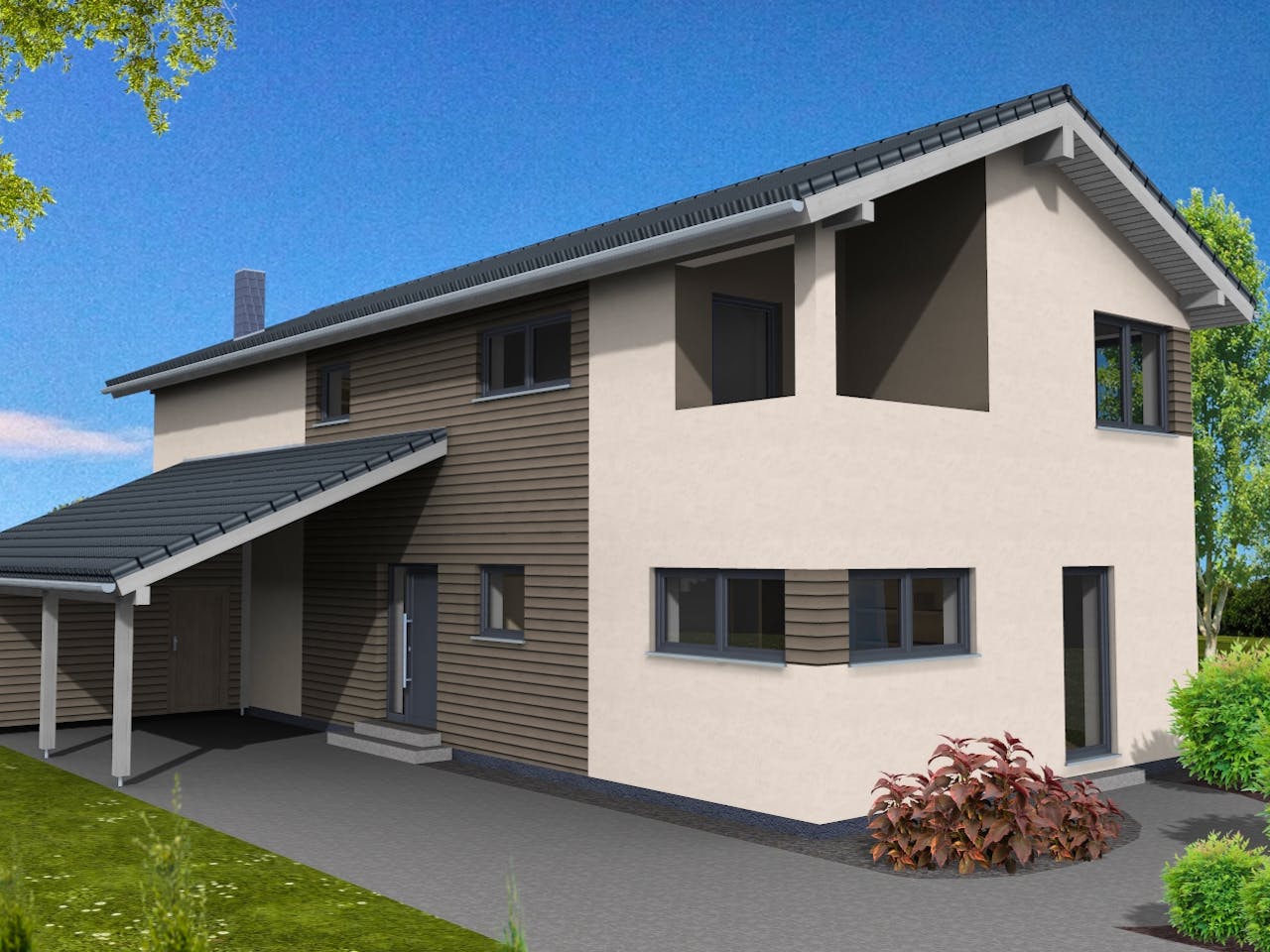 Fertighaus Trendline 183 von Suckfüll Energiesparhaus Schlüsselfertig ab 472950€, Satteldach-Klassiker Außenansicht 1