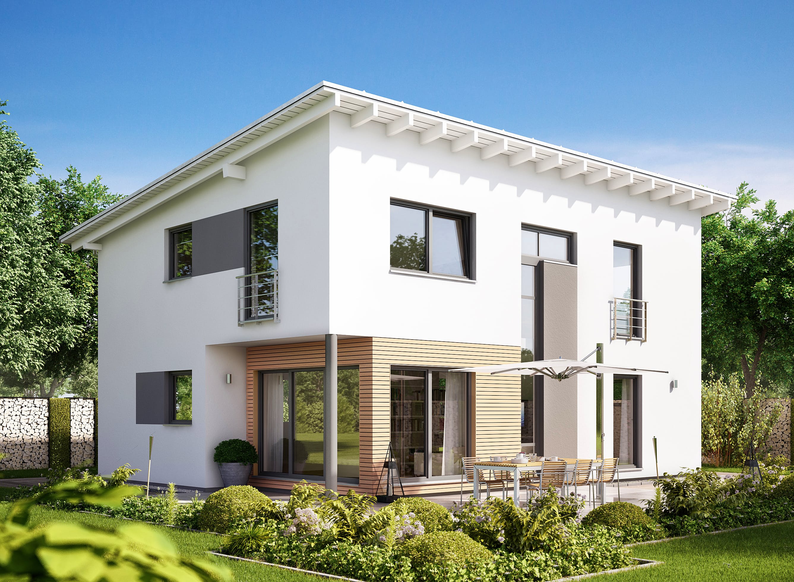Fertighaus Trento - Var. 153 von Büdenbender Hausbau Schlüsselfertig ab 394925€, Pultdachhaus Außenansicht 1