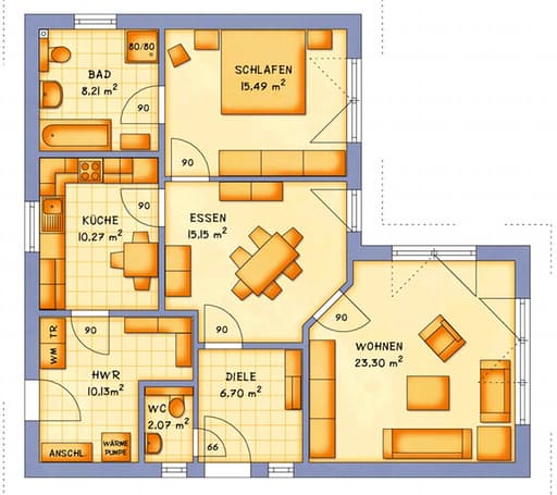 Fertighaus VarioCorner 91 von VarioSelf Massivhäuser Schlüsselfertig ab 147900€, Bungalow Grundriss 1