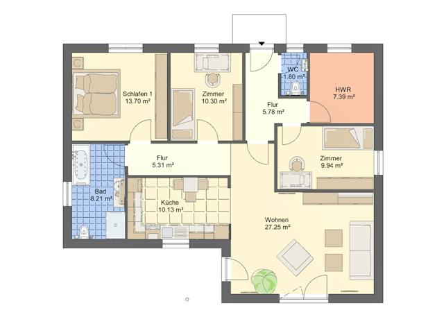 Massivhaus Bungalow W_105 von VARIODOMO Bausysteme Schlüsselfertig ab 284340€, Bungalow Grundriss 1